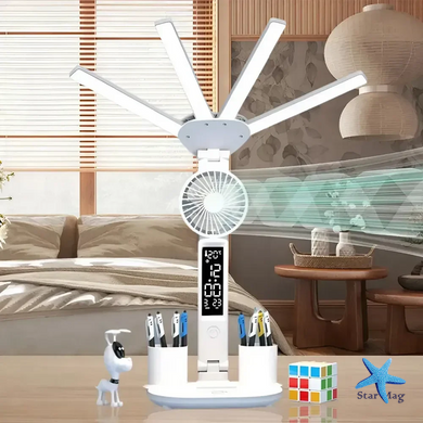 Настільна LED-лампа KRX-1011 з вентилятором, годинником і підставкою &bull; Акумуляторний світильник із дисплеєм, сенсорним керуванням і 3 режимами світла для роботи, навчання та дому