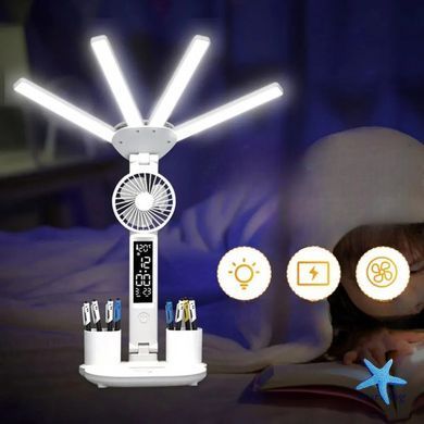 Настільна LED-лампа KRX-1011 з вентилятором, годинником і підставкою &bull; Акумуляторний світильник із дисплеєм, сенсорним керуванням і 3 режимами світла для роботи, навчання та дому