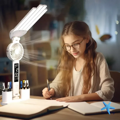 Настільна LED-лампа KRX-1011 з вентилятором, годинником і підставкою &bull; Акумуляторний світильник із дисплеєм, сенсорним керуванням і 3 режимами світла для роботи, навчання та дому