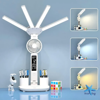 Настільна LED-лампа KRX-1011 з вентилятором, годинником і підставкою &bull; Акумуляторний світильник із дисплеєм, сенсорним керуванням і 3 режимами світла для роботи, навчання та дому