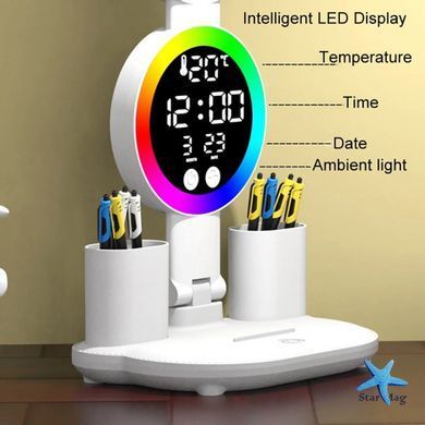 Настільна LED лампа KRX-104 з RGB-підсвіткою, вентилятором, годинником і підставкою &bull; Акумуляторний настільний світильник 4-в-1 із сенсорним керуванням, 4 плафонами та дисплеєм для роботи, навчання і дому