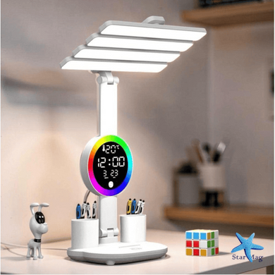 Настільна LED лампа KRX-104 з RGB-підсвіткою, вентилятором, годинником і підставкою &bull; Акумуляторний настільний світильник 4-в-1 із сенсорним керуванням, 4 плафонами та дисплеєм для роботи, навчання і дому