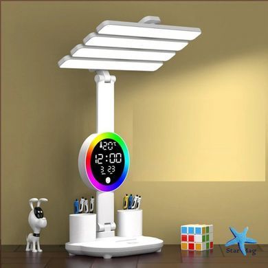 Настільна LED лампа KRX-104 з RGB-підсвіткою, вентилятором, годинником і підставкою &bull; Акумуляторний настільний світильник 4-в-1 із сенсорним керуванням, 4 плафонами та дисплеєм для роботи, навчання і дому
