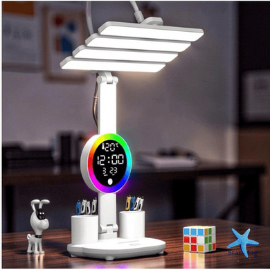 Настільна LED лампа KRX-104 з RGB-підсвіткою, вентилятором, годинником і підставкою &bull; Акумуляторний настільний світильник 4-в-1 із сенсорним керуванням, 4 плафонами та дисплеєм для роботи, навчання і дому