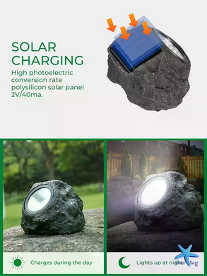 Садовий світильник Garden Light Stone на сонячній батареї ∙ Декоративний LED світильник-камінь для саду, газону, доріжок і ландшафтного підсвічування
