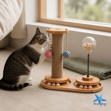 Ігровий комплекс-кігтеточка для котів KAT-01 &bull; Підлоговий комплекс із канатним стовпчиком, 2 підвісними м&rsquo;ячами, іграшкою на пружині та треком із кульками для ігор у приміщенні