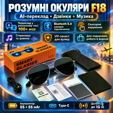 Смарт-очки F18 AI с переводчиком &bull; Умные Bluetooth-очки F18 AI со стереозвуком, сенсорным управлением, музыкой, звонками и переводом речи для поездок и общения