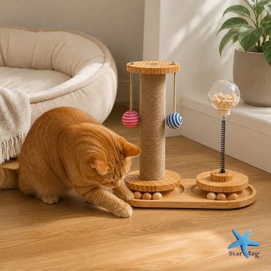 Ігровий комплекс-кігтеточка для котів KAT-01 &bull; Підлоговий комплекс із канатним стовпчиком, 2 підвісними м&rsquo;ячами, іграшкою на пружині та треком із кульками для ігор у приміщенні