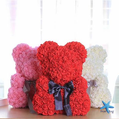 Подарунковий сувенір Ведмедик з троянд 25 см ∙ Ведмедик з квітів у подарунковій коробці Червоний / рожевий / білий