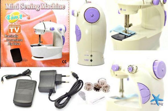 Швейна міні машинка Mini Sewing Machine SM-202A 4 в 1 портативна домашня машинка для шиття від мережі / батарей / педалі