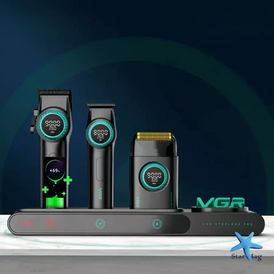 Акумуляторний набір для стрижки VGR Stepless Pro 3 in 1 із зарядною станцією &bull; Машинка, тример і електробритва з 14 насадками