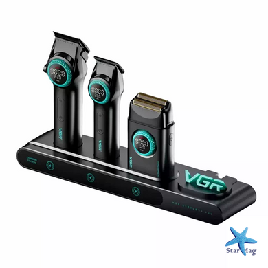 Акумуляторний набір для стрижки VGR Stepless Pro 3 in 1 із зарядною станцією &bull; Машинка, тример і електробритва з 14 насадками