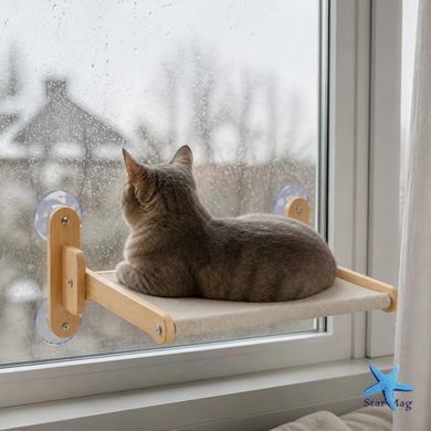Віконний лежак-гамак для котів KAT-03 62&times;40 см &bull; Підвісна лежанка на присосках для кішок із кріпленням до скла, висотою кріплення 23 см і місцем для спостереження за вулицею