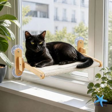 Віконний лежак-гамак для котів KAT-03 62&times;40 см &bull; Підвісна лежанка на присосках для кішок із кріпленням до скла, висотою кріплення 23 см і місцем для спостереження за вулицею