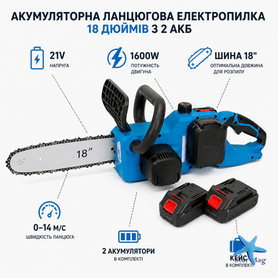 Акумуляторна ланцюгова електропила 18 дюймів із кейсом і 2 АКБ &bull; Бездротова пила для дерева, саду, дачі, заготівлі дров та обрізання гілок