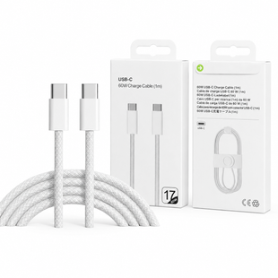 Кабель Type-C&ndash;Type-C 26X-198 60W 1 м белый &bull; Кабель USB-C&ndash;USB-C 26X-198 для быстрой зарядки iPhone 17 Pro Max с тканевой оплеткой и SIM-ключом