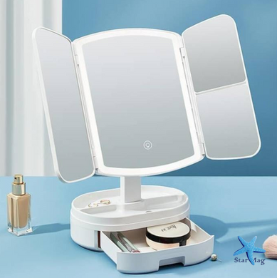 Потрійне косметичне дзеркало для макіяжу з LED підсвічуванням 609 Mirror та збільшенням складне поворотне сенсорне дзеркало з органайзером