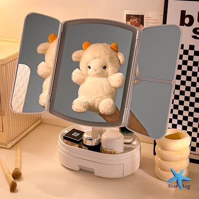 Потрійне косметичне дзеркало для макіяжу з LED підсвічуванням 609 Mirror та збільшенням складне поворотне сенсорне дзеркало з органайзером