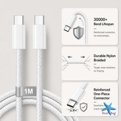 Кабель Type-C&ndash;Type-C 26X-198 60W 1 м белый &bull; Кабель USB-C&ndash;USB-C 26X-198 для быстрой зарядки iPhone 17 Pro Max с тканевой оплеткой и SIM-ключом