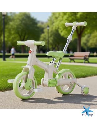 Велосипед-біговел дитячий 2в1 з батьківською ручкою SCO22 Green &bull; Дитячий триколісний біговел-трансформер для малюків &bull; Прогулянковий велобіг дитячий зелений