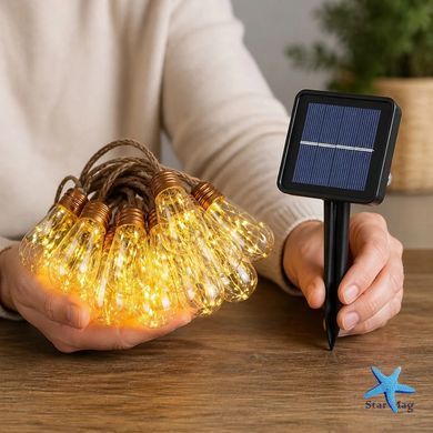Вулична світлодіодна гірлянда Лампочки на сонячній батареї 50162 &bull; Садова гірлянда з прозорими лампочками, теплим світлом і сонячною панеллю для тераси та двору