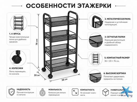 Полка-этажерка на колесиках 4 яруса 36&times;20&times;76 см &bull; Металлический передвижной стеллаж-органайзер для кухни ванной прихожей и хранения вещей