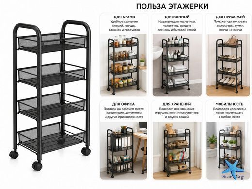 Полка-этажерка на колесиках 4 яруса 36&times;20&times;76 см &bull; Металлический передвижной стеллаж-органайзер для кухни ванной прихожей и хранения вещей