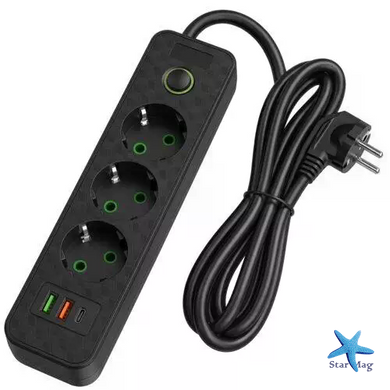 Сетевой удлинитель 26X-363 с USB и Type-C &bull; Электрический сетевой фильтр-удлинитель 26X-363 на 3 розетки 220V с кабелем 3 м и выключателем для дома и офиса черный