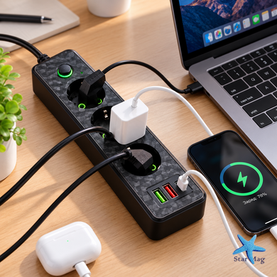 Сетевой удлинитель 26X-363 с USB и Type-C &bull; Электрический сетевой фильтр-удлинитель 26X-363 на 3 розетки 220V с кабелем 3 м и выключателем для дома и офиса черный