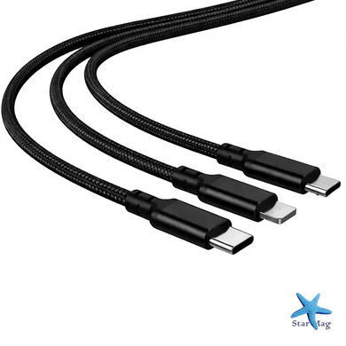 Кабель 3 в 1 26X-202 USB-A 1,2 м чорний &bull; Зарядний кабель 26X-202 Type-C Lightning Micro USB до 6A для швидкого заряджання та передавання даних