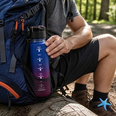 Спортивная бутылка для воды Spirit 1000 мл 26X-331 &bull; Многоразовая бутылка с герметичной крышкой, ремешком, шкалой объема и времени, сине-бордовый градиент