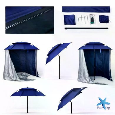 Рыбацкий зонт 2 м JTG2025-3blue синий с клапаном, наклоном, стенкой, чехлом и крючками &bull; Туристический зонт для рыбалки и отдыха на природе