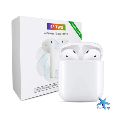 Бездротові навушники i18 TWS &bull; Bluetooth навушники i18 TWS з мікрофоном, сенсорним керуванням і зарядним кейсом