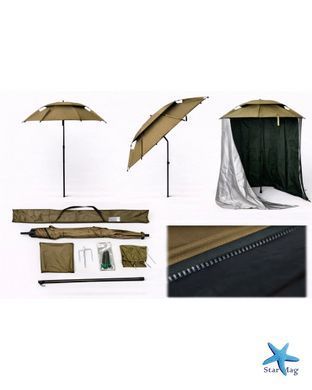 Рыбацкий зонт 2 м JTG2025-3khaki хаки с клапаном, наклоном, стенкой, чехлом и крючками &bull; Туристический зонт для рыбалки и отдыха на природе