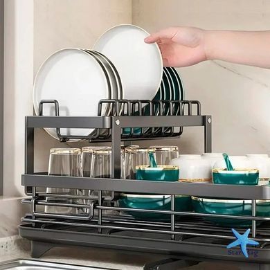 Двухуровневая сушилка для посуды BauTech черная 42,5х29,5х17 см &bull; Настольная кухонная сушилка BauTech с держателем для тарелок и поддоном