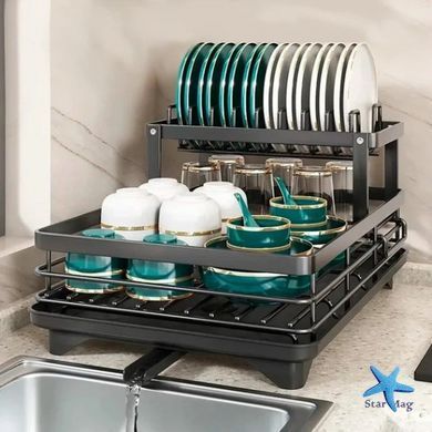 Двухуровневая сушилка для посуды BauTech черная 42,5х29,5х17 см &bull; Настольная кухонная сушилка BauTech с держателем для тарелок и поддоном