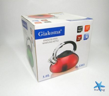 Чайник Giakoma G-3303 из нержавеющей стали со свистком для газовых и электрических плит, 3 л