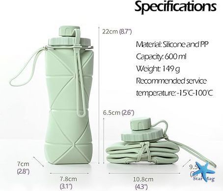 Складная силиконовая бутылка для воды 600 мл &bull; Компактная спортивная бутылка для туризма, тренировок, прогулок, школы и путешествий