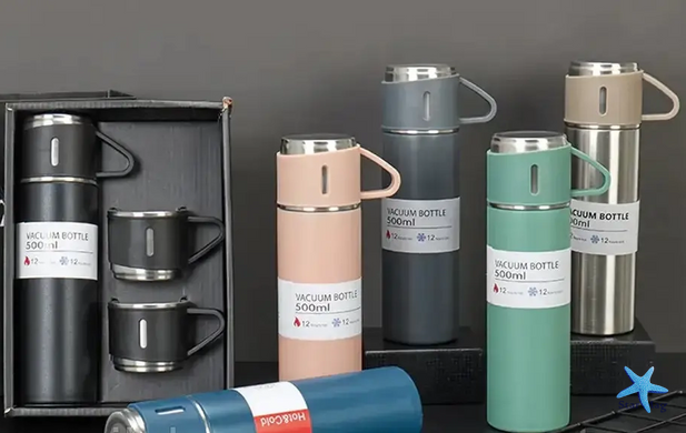 Вакуумный термос из нержавеющей стали Vacuum Flask Set 500 мл с чашками в комплекте 3* 150 мл ∙ Подарочный набор 3 в 1