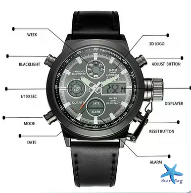 Чоловічий наручний годинник AMST Watch чорний &bull; Стильний кварцовий годинник на руку в чорному кольорі для щоденного носіння, роботи та подарунка