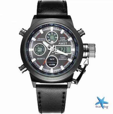 Чоловічий наручний годинник AMST Watch чорний &bull; Стильний кварцовий годинник на руку в чорному кольорі для щоденного носіння, роботи та подарунка