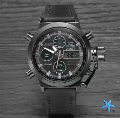 Чоловічий наручний годинник AMST Watch чорний &bull; Стильний кварцовий годинник на руку в чорному кольорі для щоденного носіння, роботи та подарунка