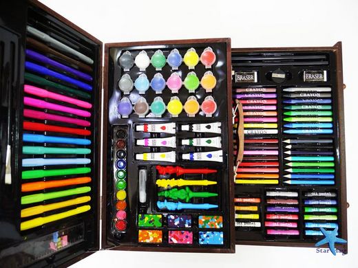 Большой детский художественный набор для рисования и творчества в деревянном чемодане на 130 предметов