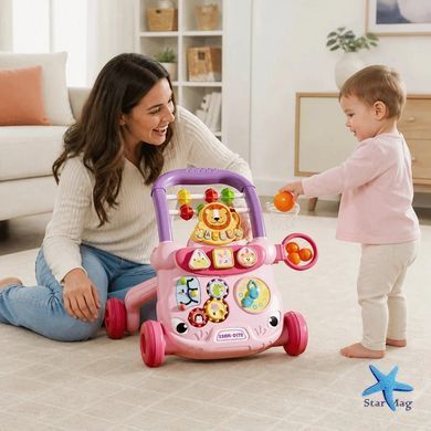 Детские ходунки-каталка с развивающим центром MA570pink розовые &bull; Игровые ходунки с пианино, сортером, лабиринтом, часами и шариками для детей от 12 месяцев