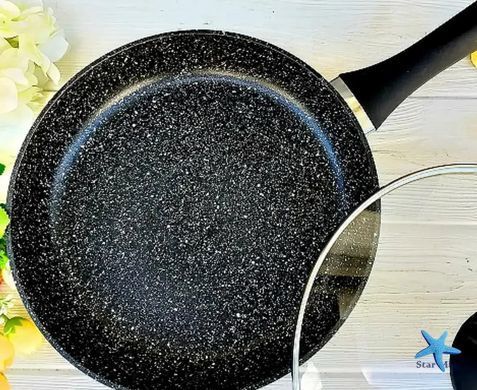 Сковорода с крышкой 24 см темный мрамор UNIQUE 5164 ∙ Антипригарная сковорода UN-5164 с мраморным покрытием и крышкой