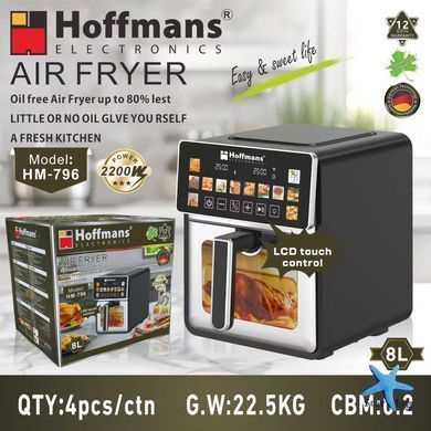 Аерофритюрниця Hoffmans HM-796 8 л &bull; Сенсорний аерогриль-мультипіч 2200 Вт із 12 програмами та оглядовим вікном