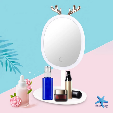 Зеркало косметическое для макияжа с LED подсветкой и держателем для бижутерии · Овальное настольное зеркало с USB зарядкой · 3 уровня яркости подсветки