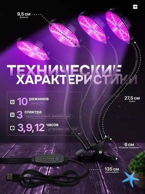 Фитолампа для растений с таймером и регулировкой яркости &bull; Круглая LED лампа для цветов на 4 головки