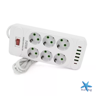 Мережевий подовжувач-фільтр PNS-03/D6 білий 3 м з LED-індикатором, 4 USB і PD Type-C &bull; Розгалужувач живлення 6&ndash;220V для дому, офісу та заряджання гаджетів