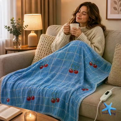 Электропростынь Electric Blanket 150&times;170 см с 2 режимами подогрева, клетка с вишнями &bull; Электрическая простынь Electric Blanket 220 В с терморегулятором для кровати